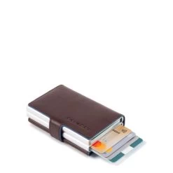 Piquadro Blue Square Double Credit Card Case With Sliding System Dark Brown